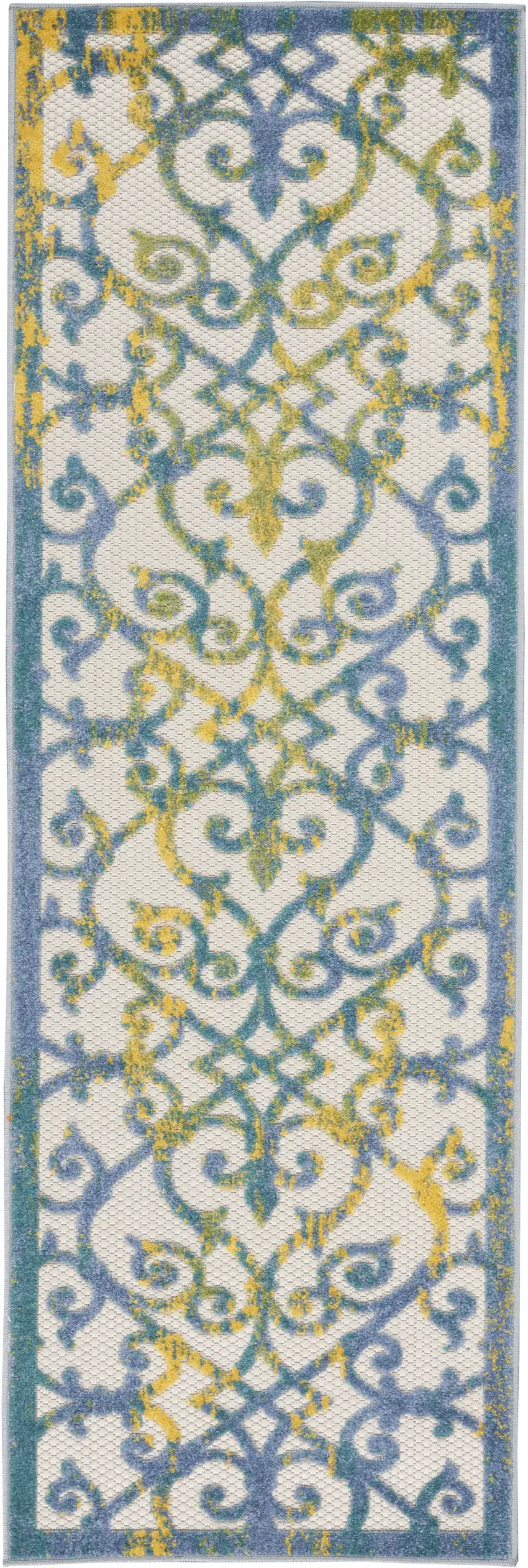 2' X 8' Ivory And Blue Damask Non Skid Indoor Outdoor Runner Rug Photo 2