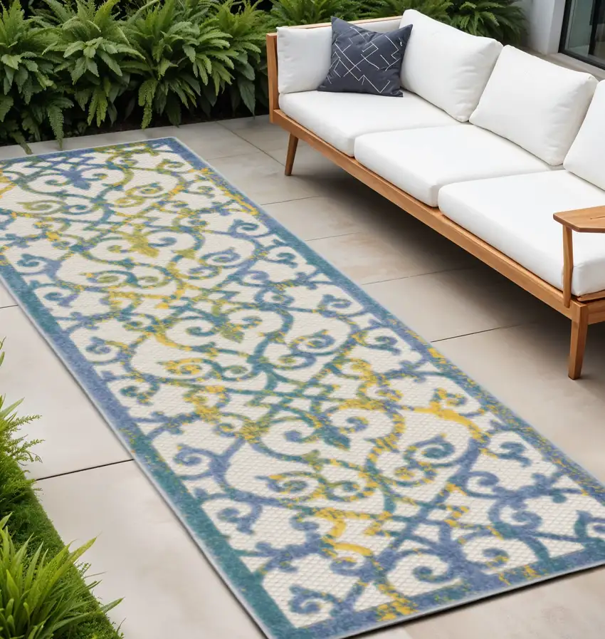 8' Ivory And Blue Indoor Outdoor Area Rug Photo 2