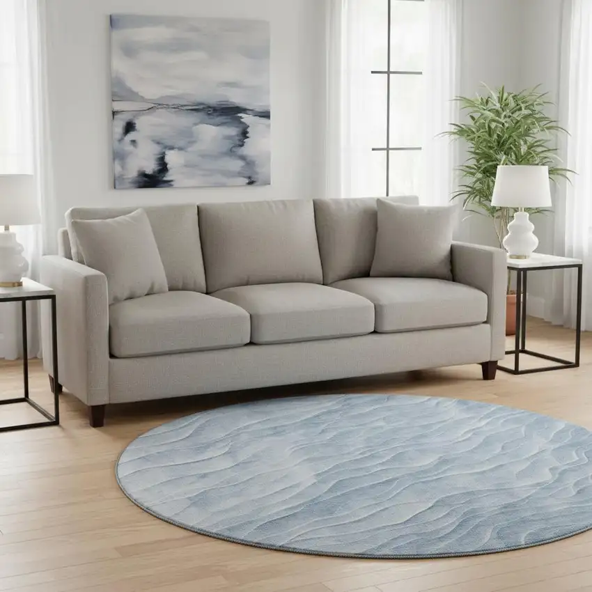 8' X 8' Denim Blue And Ivory Abstract Washable Round Rug With UV Protection Photo 2