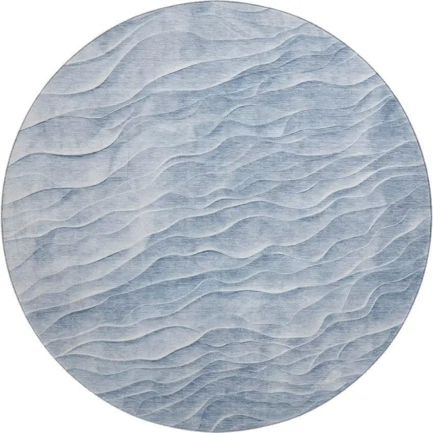 8' X 8' Denim Blue And Ivory Abstract Washable Round Rug With UV Protection Photo 1