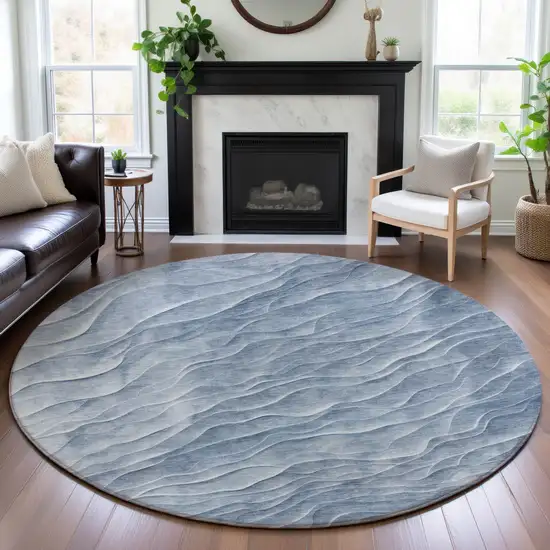 8' X 8' Denim Blue And Ivory Abstract Washable Round Rug With UV Protection Photo 4