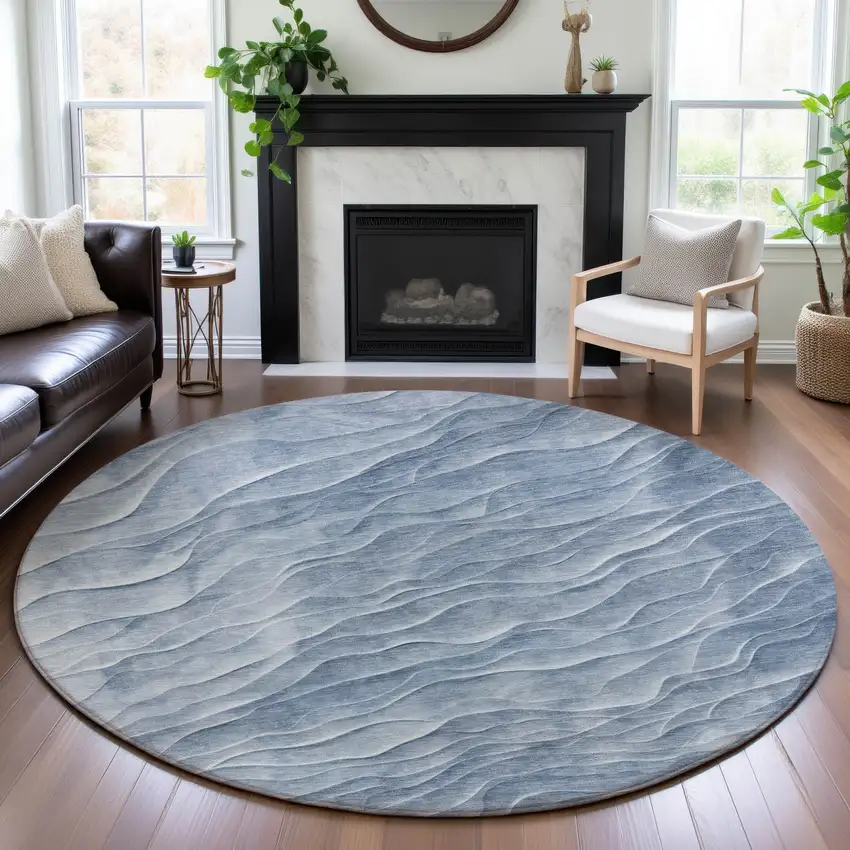 8' X 8' Denim Blue And Ivory Abstract Washable Round Rug With UV Protection Photo 4