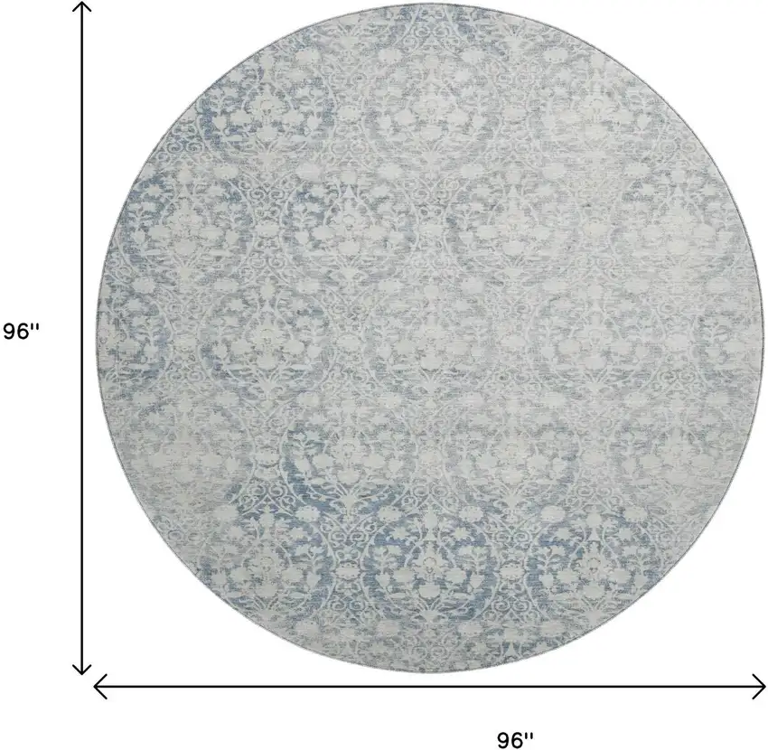 8' X 8' Denim Blue And Ivory Damask Washable Round Rug With UV Protection Photo 9