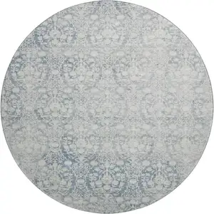 Photo of 8' X 8' Denim Blue And Ivory Damask Washable Round Rug With UV Protection
