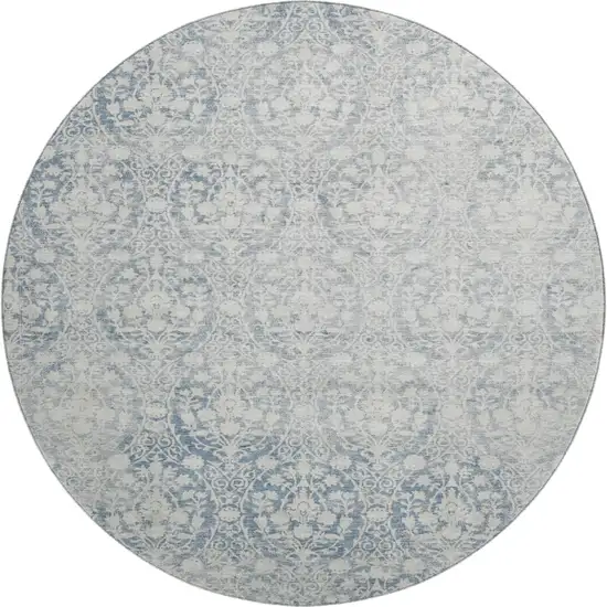 8' X 8' Denim Blue And Ivory Damask Washable Round Rug With UV Protection Photo 1
