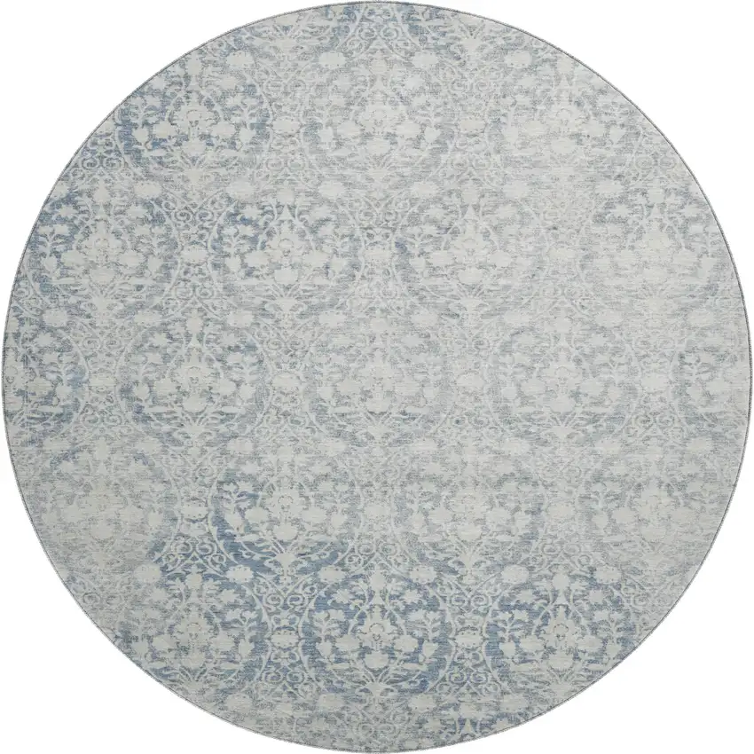 8' X 8' Denim Blue And Ivory Damask Washable Round Rug With UV Protection Photo 1