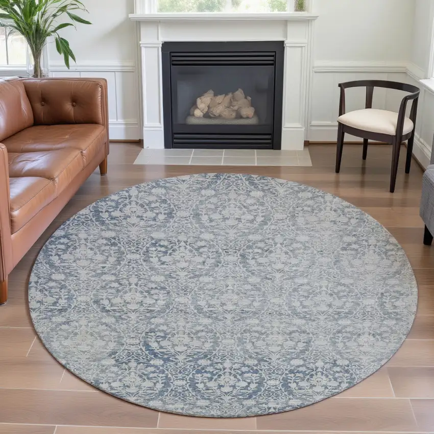 8' X 8' Denim Blue And Ivory Damask Washable Round Rug With UV Protection Photo 4