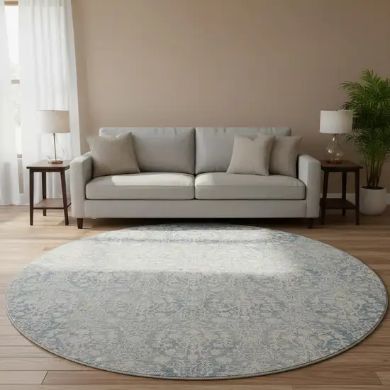 8' X 8' Denim Blue And Ivory Damask Washable Round Rug With UV Protection Photo 2