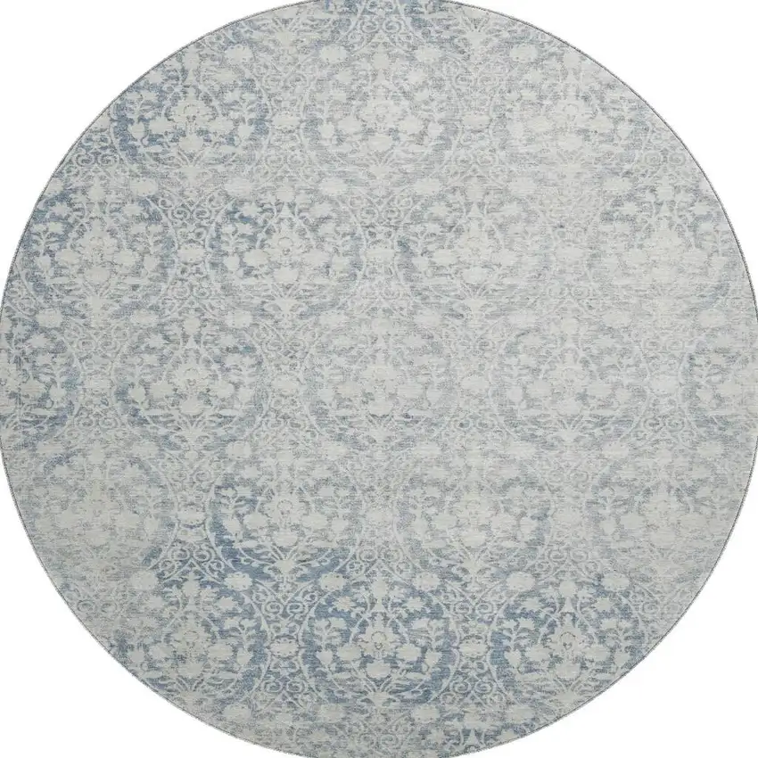 8' X 8' Denim Blue And Ivory Damask Washable Round Rug With UV Protection Photo 3