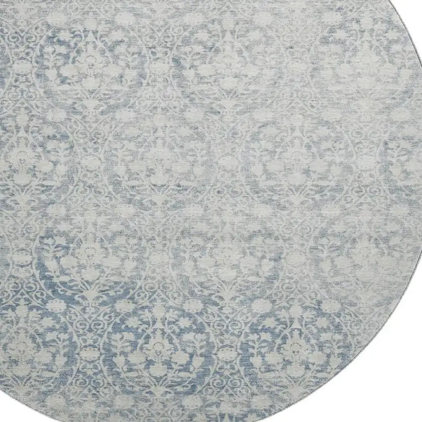 8' X 8' Denim Blue And Ivory Damask Washable Round Rug With UV Protection Photo 2