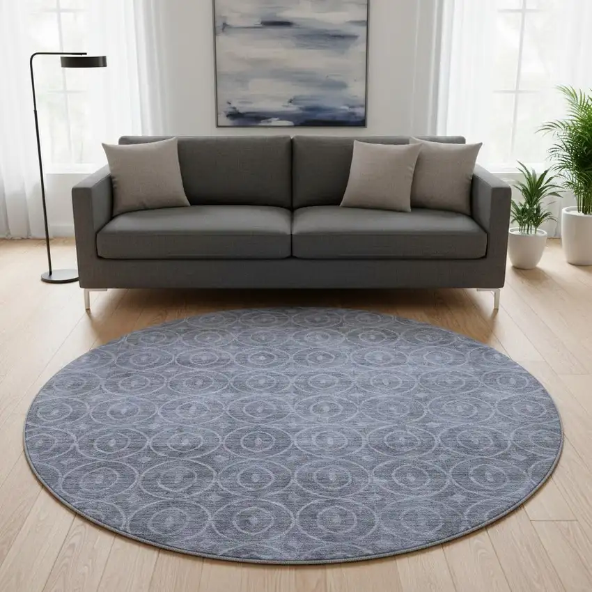8' X 8' Denim Blue And Ivory Geometric Washable Round Rug With UV Protection Photo 2