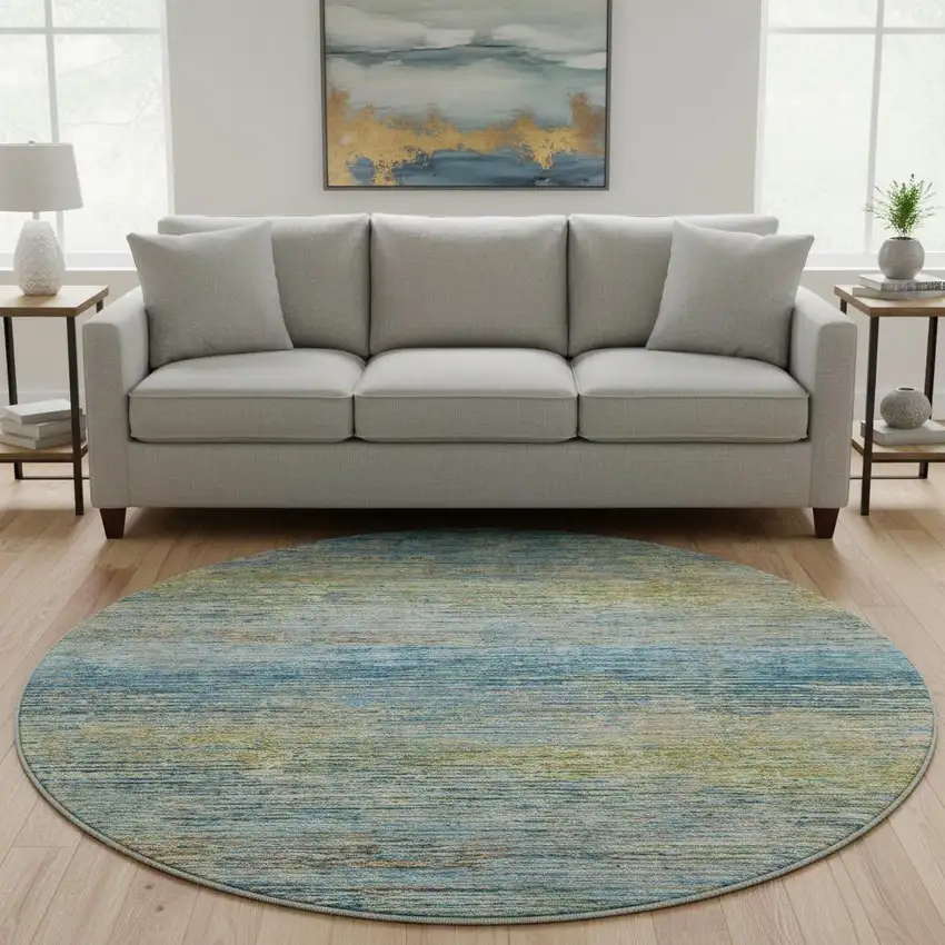 8' X 8' Denim Blue And Olive Green Striped Washable Round Rug With UV Protection Photo 2