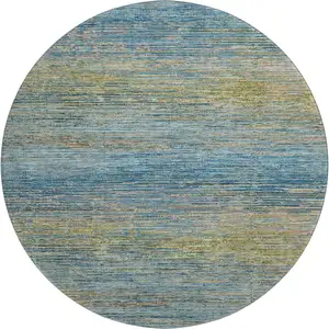 Photo of 8' X 8' Denim Blue And Olive Green Striped Washable Round Rug With UV Protection