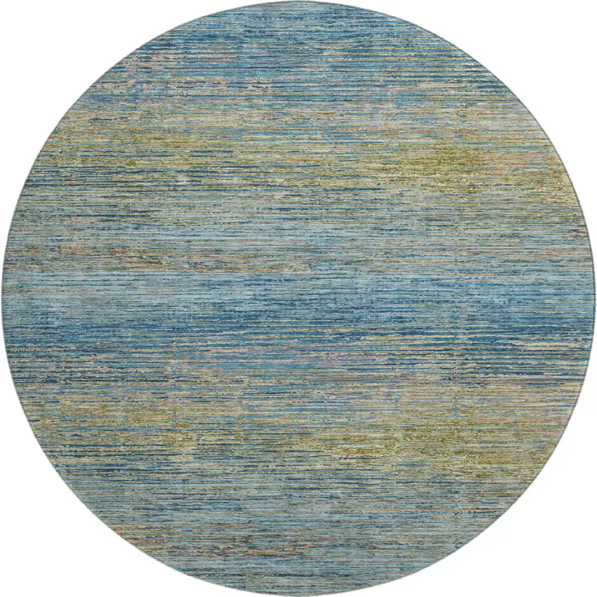 8' X 8' Denim Blue And Olive Green Striped Washable Round Rug With UV Protection Photo 1