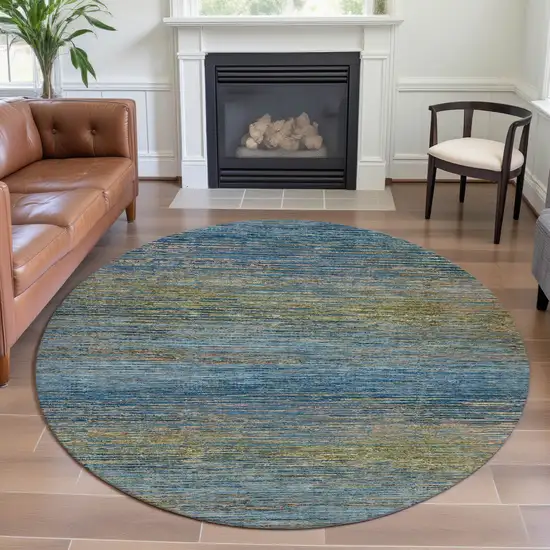 8' X 8' Denim Blue And Olive Green Striped Washable Round Rug With UV Protection Photo 4