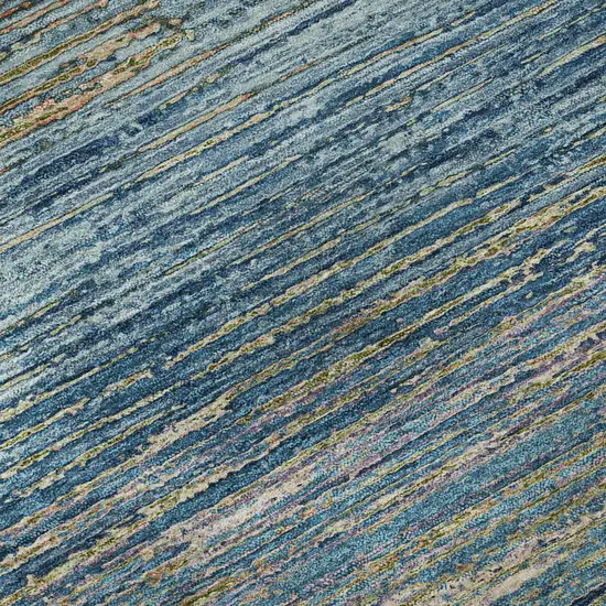 8' X 8' Denim Blue And Olive Green Striped Washable Round Rug With UV Protection Photo 8