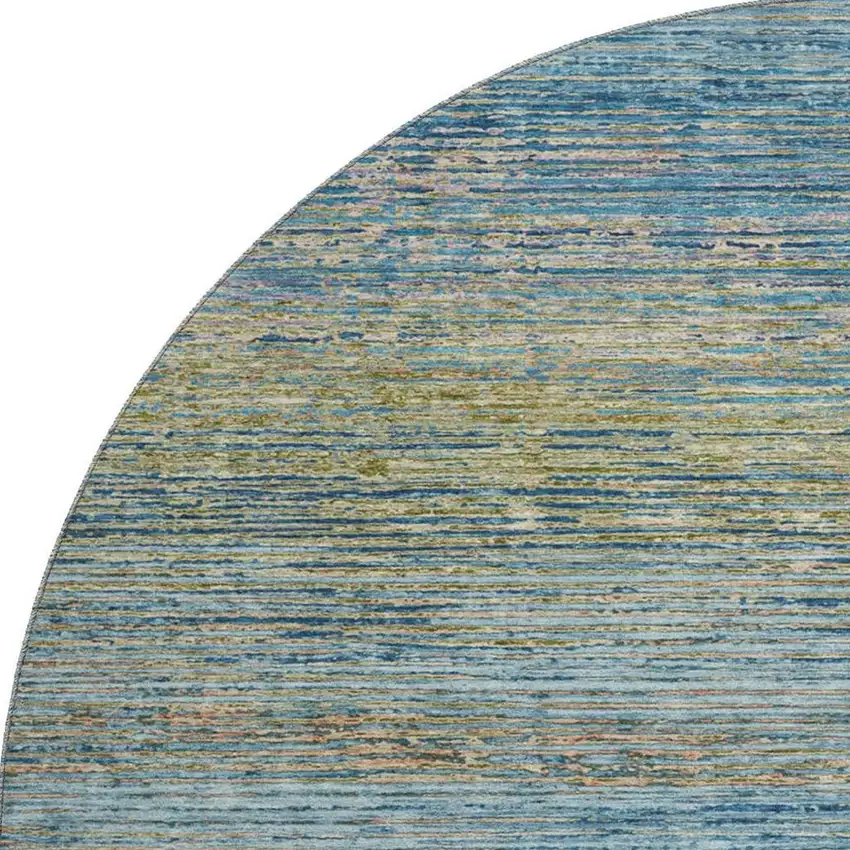 8' X 8' Denim Blue And Olive Green Striped Washable Round Rug With UV Protection Photo 3