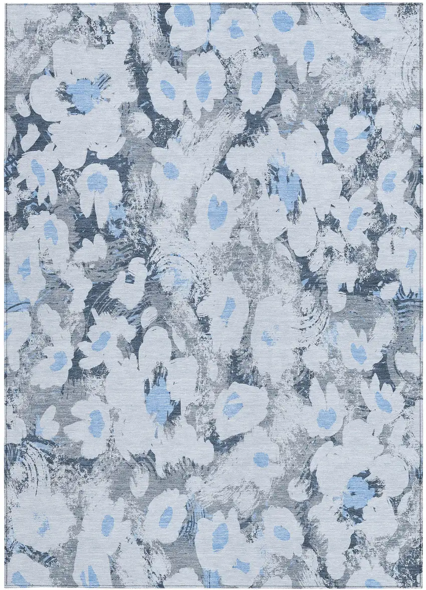 3' X 4' Denim Blue Floral Washable Non Skid Indoor Outdoor Area Rug Photo 6