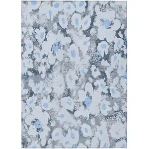 Photo of 3' X 5' Denim Blue Floral Washable Non Skid Indoor Outdoor Area Rug