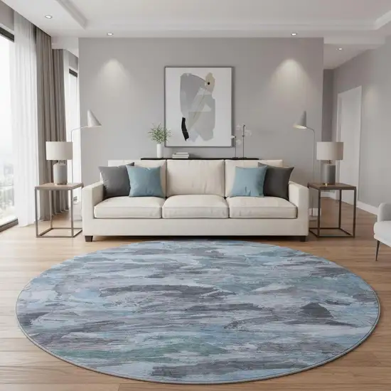 8' X 8' Denim Blue Gray And Silver Abstract Washable Round Rug With UV Protection Photo 2