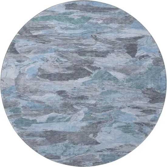 8' X 8' Denim Blue Gray And Silver Abstract Washable Round Rug With UV Protection Photo 2
