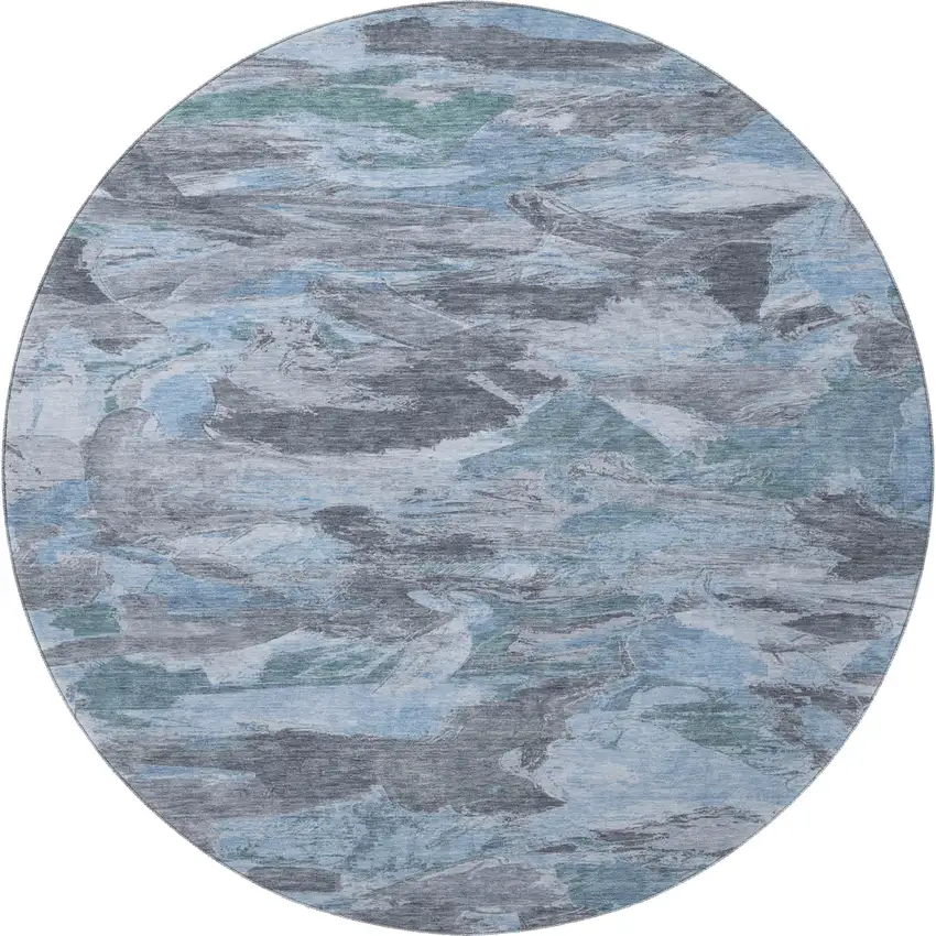8' X 8' Denim Blue Gray And Silver Abstract Washable Round Rug With UV Protection Photo 2