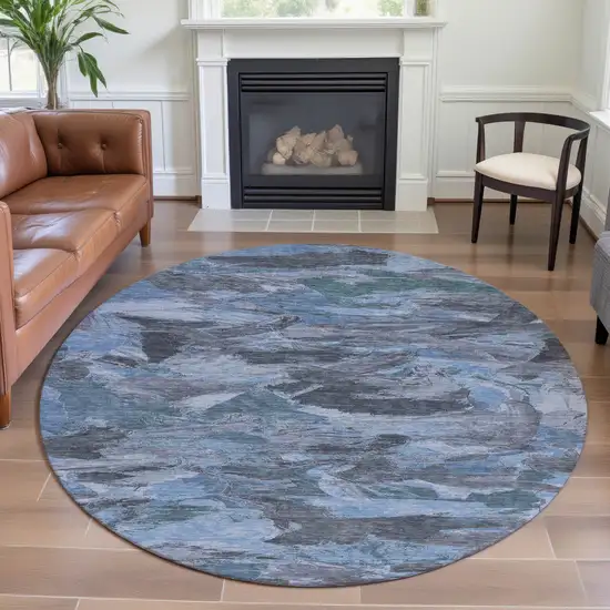 8' X 8' Denim Blue Gray And Silver Abstract Washable Round Rug With UV Protection Photo 3