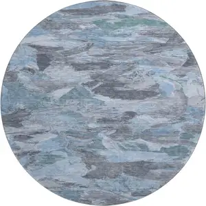 Photo of 8' X 8' Denim Blue Gray And Silver Abstract Washable Round Rug With UV Protection