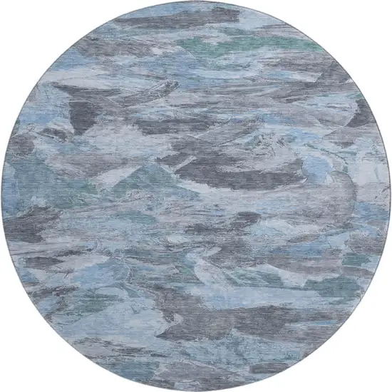 8' X 8' Denim Blue Gray And Silver Abstract Washable Round Rug With UV Protection Photo 1