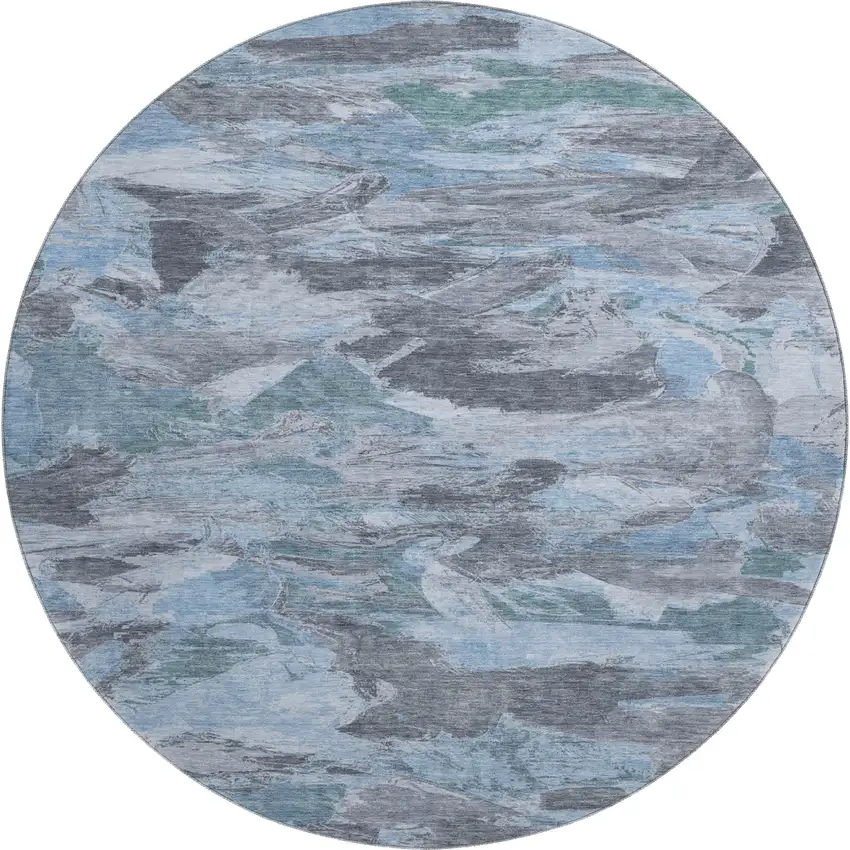 8' X 8' Denim Blue Gray And Silver Abstract Washable Round Rug With UV Protection Photo 1