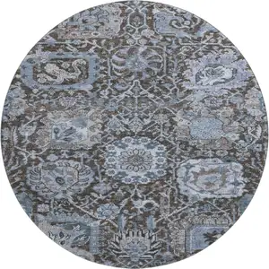 Photo of 8' X 8' Denim Blue Gray And Silver Damask Washable Round Rug With UV Protection