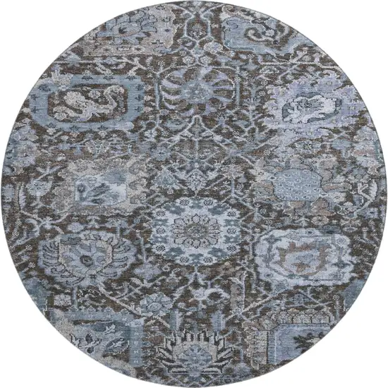 8' X 8' Denim Blue Gray And Silver Damask Washable Round Rug With UV Protection Photo 1