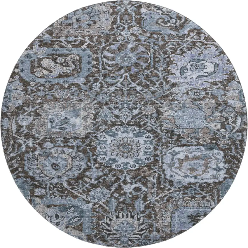 8' X 8' Denim Blue Gray And Silver Damask Washable Round Rug With UV Protection Photo 1