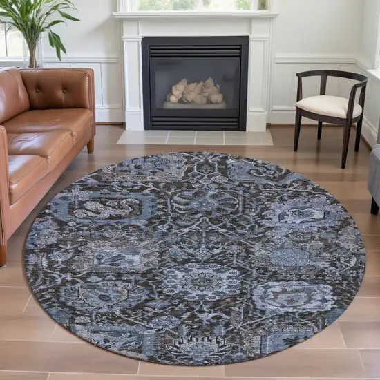 8' X 8' Denim Blue Gray And Silver Damask Washable Round Rug With UV Protection Photo 4