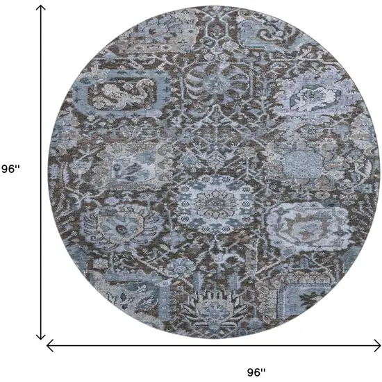8' X 8' Denim Blue Gray And Silver Damask Washable Round Rug With UV Protection Photo 9
