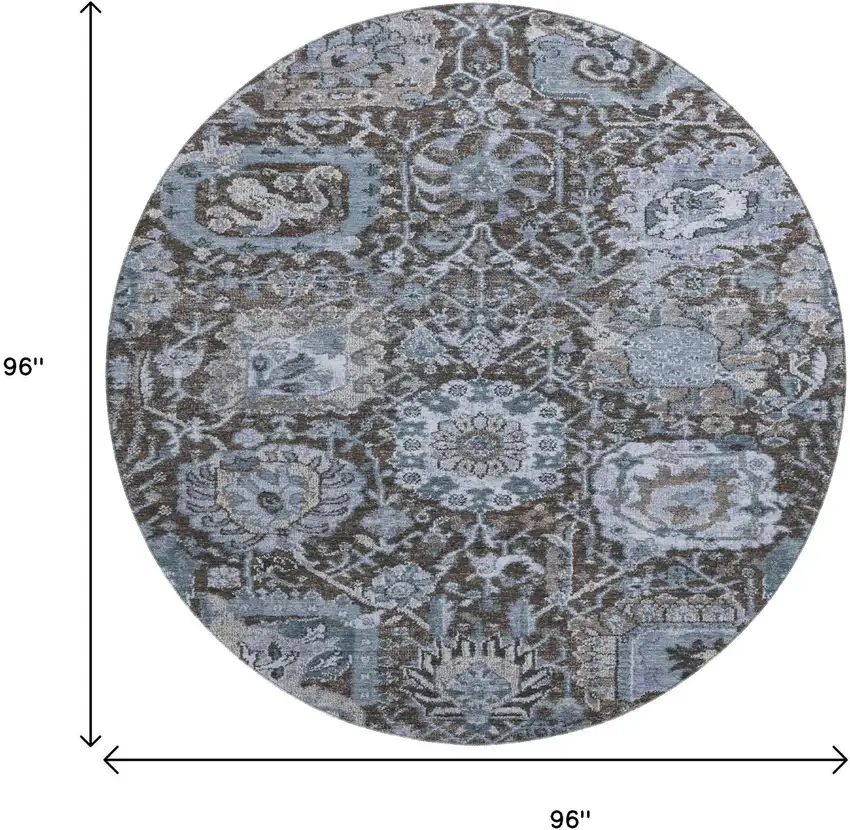 8' X 8' Denim Blue Gray And Silver Damask Washable Round Rug With UV Protection Photo 9