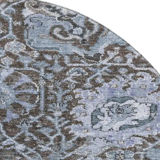 8' X 8' Denim Blue Gray And Silver Damask Washable Round Rug With UV Protection Photo 2