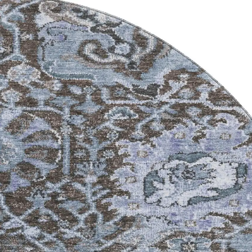 8' X 8' Denim Blue Gray And Silver Damask Washable Round Rug With UV Protection Photo 2