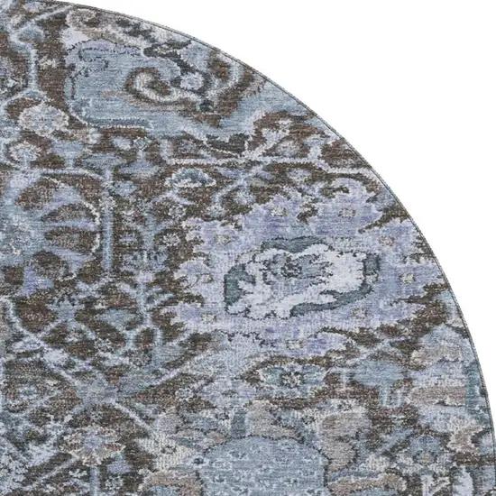 8' X 8' Denim Blue Gray And Silver Damask Washable Round Rug With UV Protection Photo 3