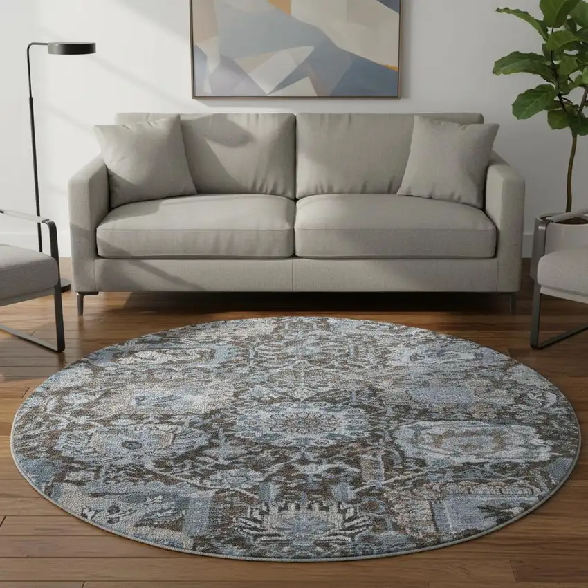 8' X 8' Denim Blue Gray And Silver Damask Washable Round Rug With UV Protection Photo 2