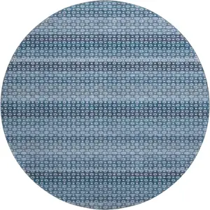 Photo of 8' X 8' Denim Blue Gray And Sky Blue Striped Washable Round Rug With UV Protection