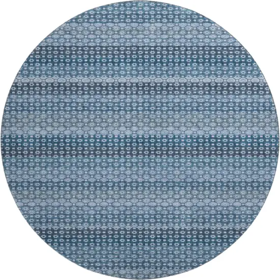 8' X 8' Denim Blue Gray And Sky Blue Striped Washable Round Rug With UV Protection Photo 1