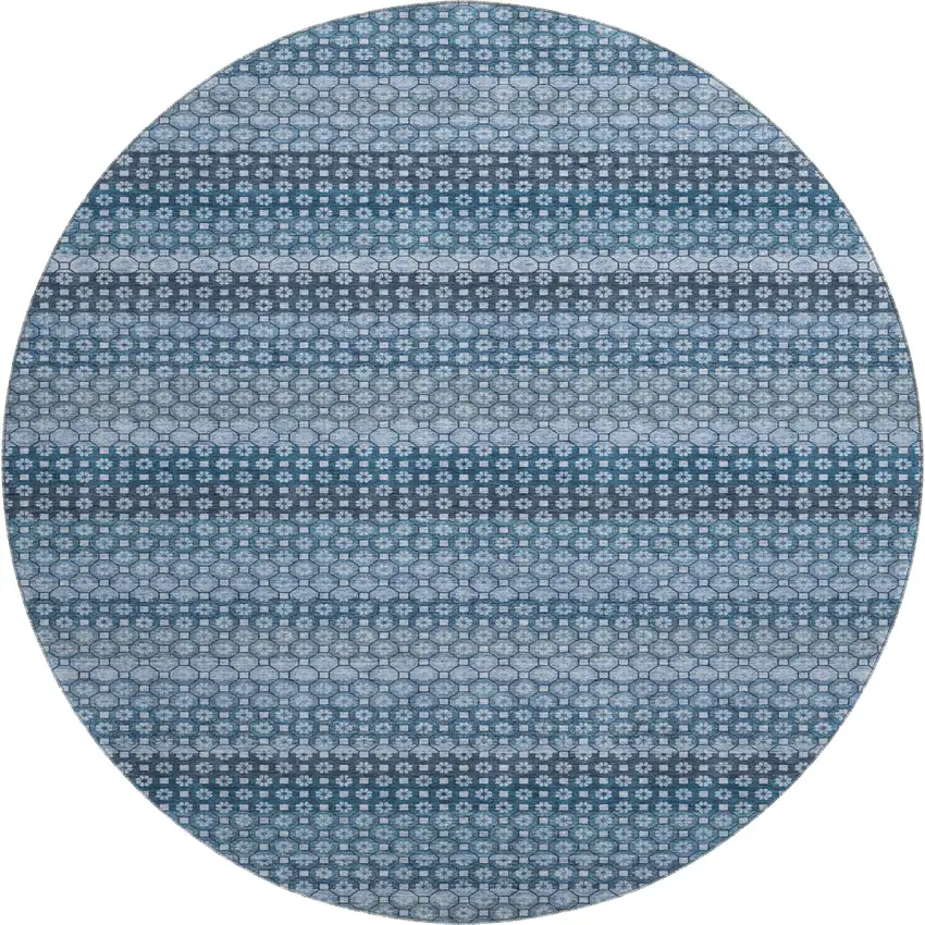 8' X 8' Denim Blue Gray And Sky Blue Striped Washable Round Rug With UV Protection Photo 1
