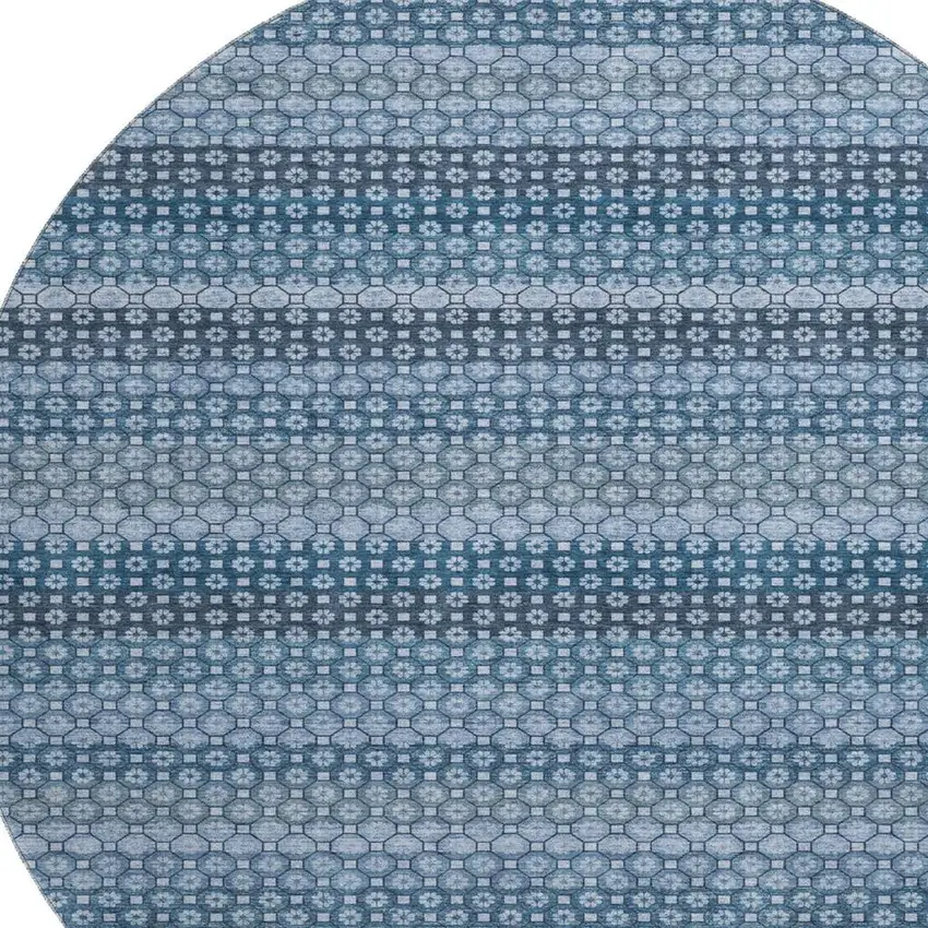 8' X 8' Denim Blue Gray And Sky Blue Striped Washable Round Rug With UV Protection Photo 2