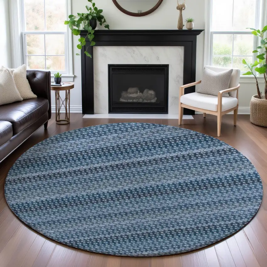 8' X 8' Denim Blue Gray And Sky Blue Striped Washable Round Rug With UV Protection Photo 4