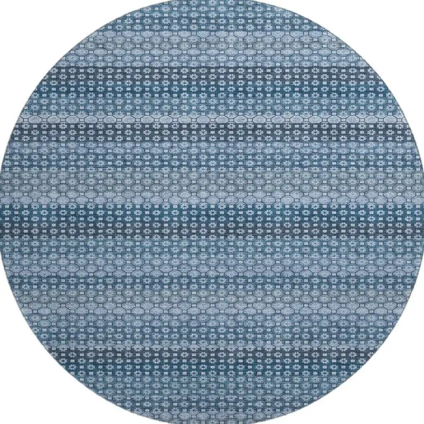 8' X 8' Denim Blue Gray And Sky Blue Striped Washable Round Rug With UV Protection Photo 3