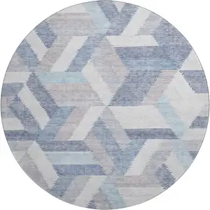 Photo of 8' X 8' Denim Blue Ivory And Gray Geometric Washable Round Rug With UV Protection