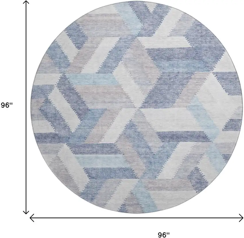 8' X 8' Denim Blue Ivory And Gray Geometric Washable Round Rug With UV Protection Photo 9