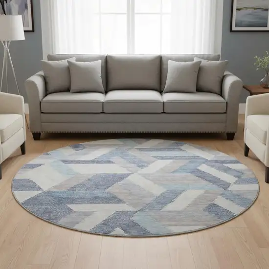 8' X 8' Denim Blue Ivory And Gray Geometric Washable Round Rug With UV Protection Photo 2