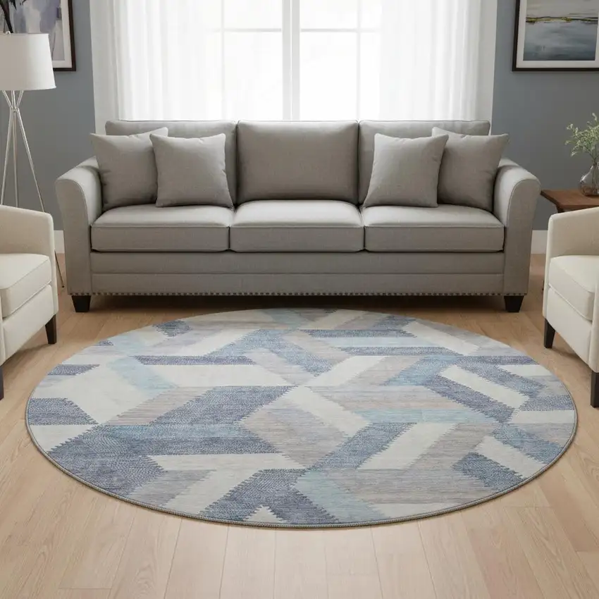8' X 8' Denim Blue Ivory And Gray Geometric Washable Round Rug With UV Protection Photo 2